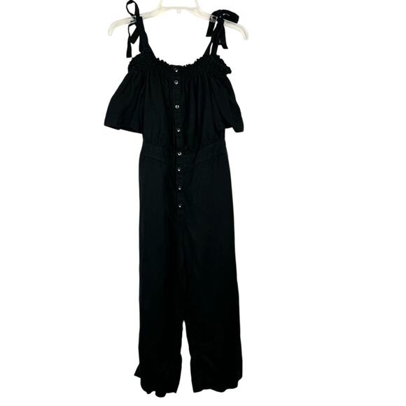 7 For All Mankind Black Off the Shoulder Cropped Leg Tencel Linen Jumpsuit Sz S - Picture 2 of 12